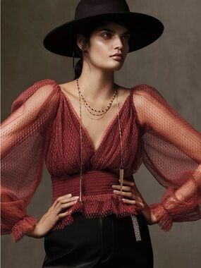 Anthropologie Rust Sheer Puff-Sleeve V-Neck Blouse